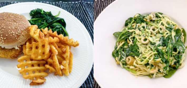 Kipburger en pasta met courgette