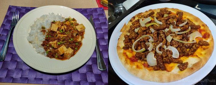 Mapo tofu en vegan shoarma pizza