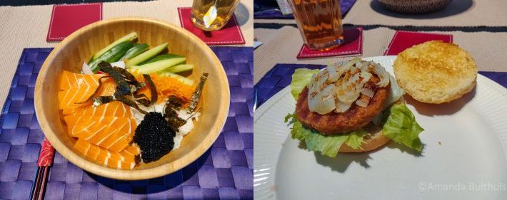 Sushibowl met vegan zalm en vega piri-piriburger